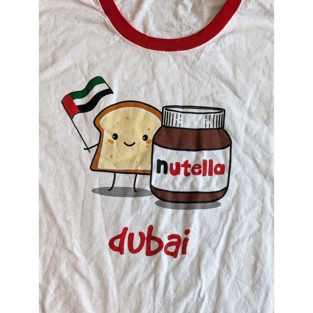 Fruit of the Loom Nutella Dubai T-Shirt Size L White Red Ringer - Picture 2 of 7